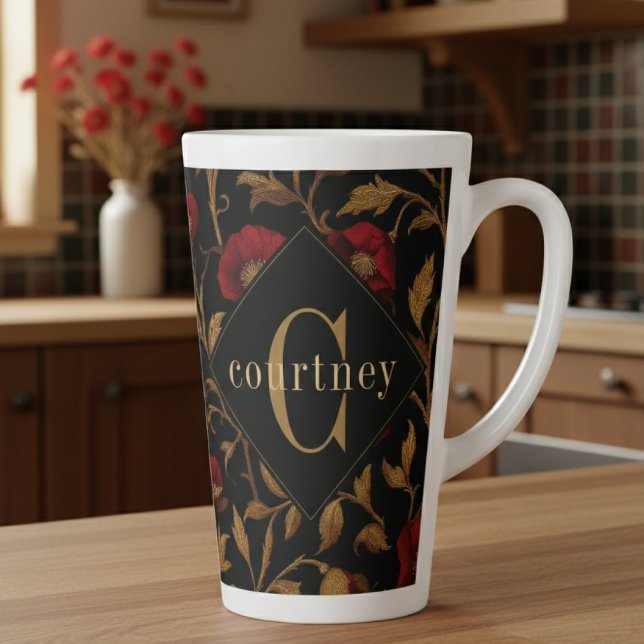 Tasse Latte Recette du monogramme de coquelicot rouge or de Wi (Créateur téléchargé)