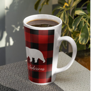 Tasse Latte Red Buffalo Plaid & Bear   Nom personnel Cadeau