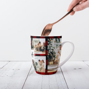 Tasse Latte Red Buffalo Plaid & Collage Photo Avec Initiale