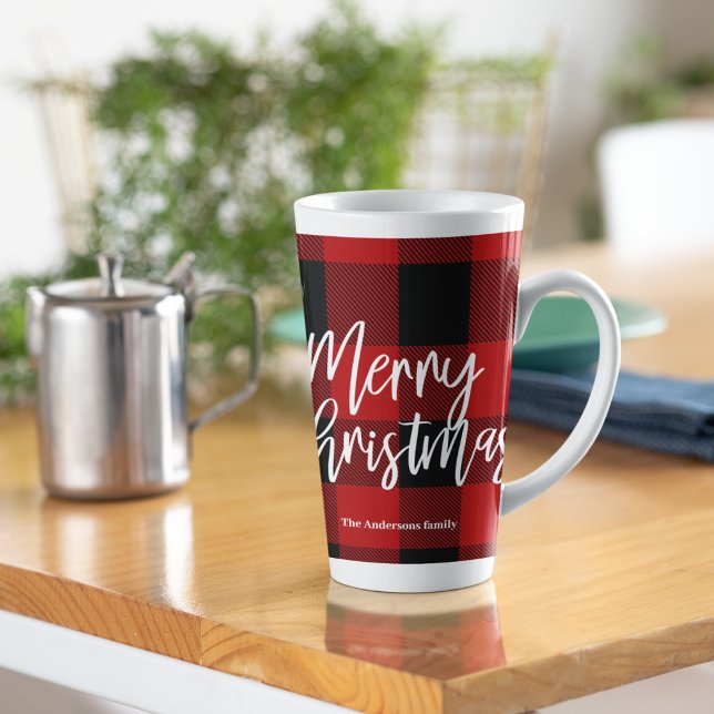 Tasse Latte Red Buffalo Plaid & Joyeux Noël |Nom personnel (Créateur téléchargé)