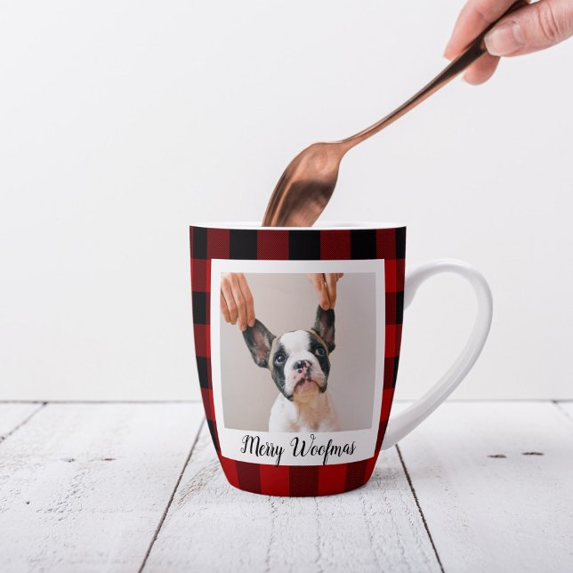 Tasse Latte Red Buffalo Plaid & Joyeux Woofmas Avec Photo Chie (Créateur téléchargé)