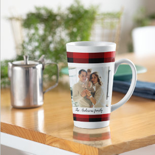 Tasse Latte Red Buffalo Plaid & Nom Personnel Et Photo
