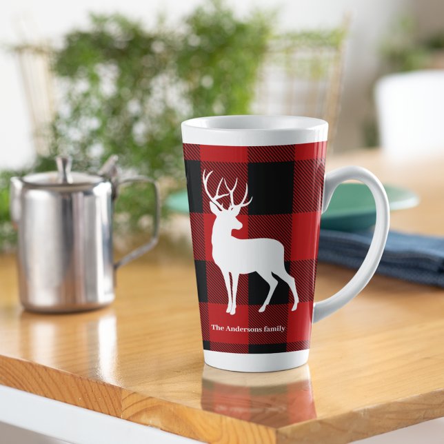 Tasse Latte Red Buffalo Plaid & White Deer | Nom personnel (Créateur téléchargé)