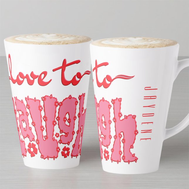 Tasse Latte Red Floral Chunky Text Slogan With Name (A beautiful mix of elegant cursive script and bold, floral-detailed block lettering in red and pink.)