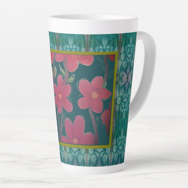 Tasse Latte Red Flowers on Aqua (Angle droit)