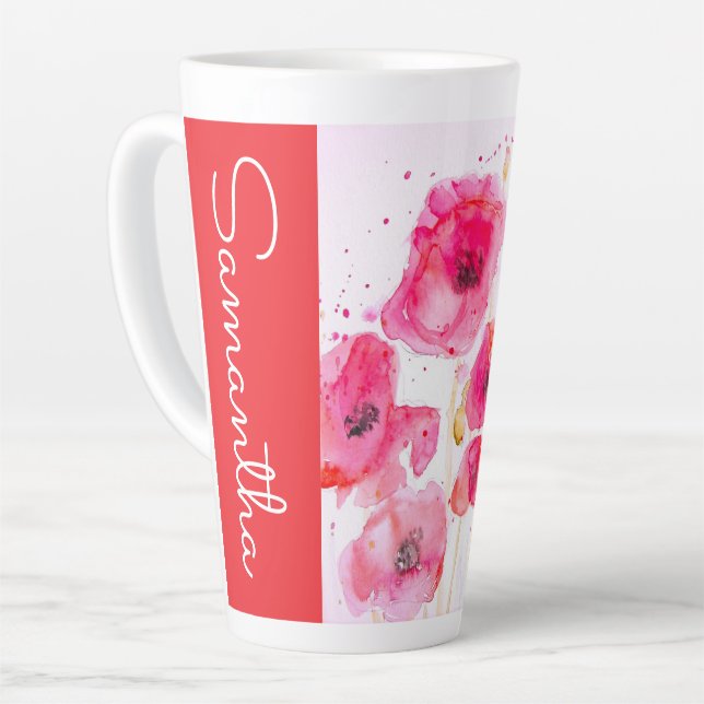 Tasse Latte Red Poppy Flower Watercolor Womans Name (Angle gauche)