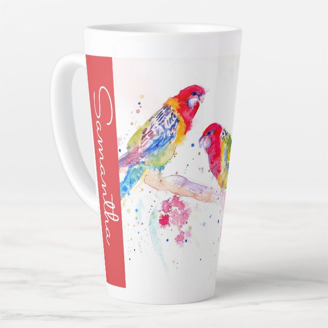Tasse Latte Red Rosella Parrot Parrots Watercolor Womans Name (Angle gauche)