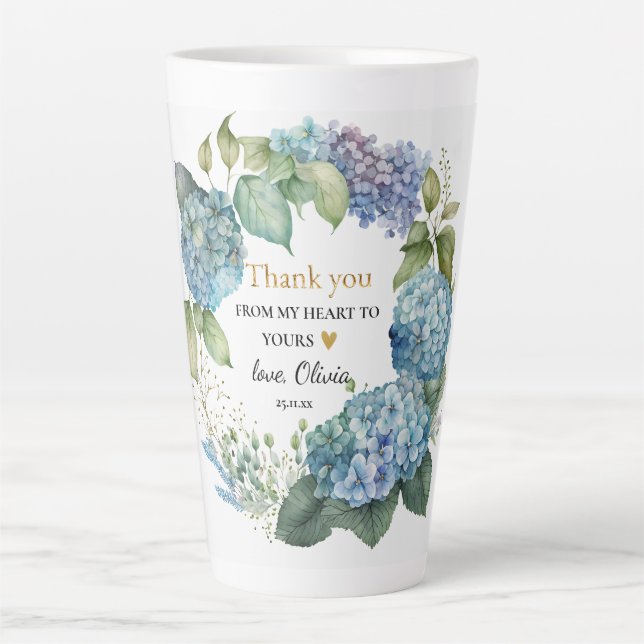 Tasse Latte Remerciement de douche de mariée Hydrangeas bleues (Devant)