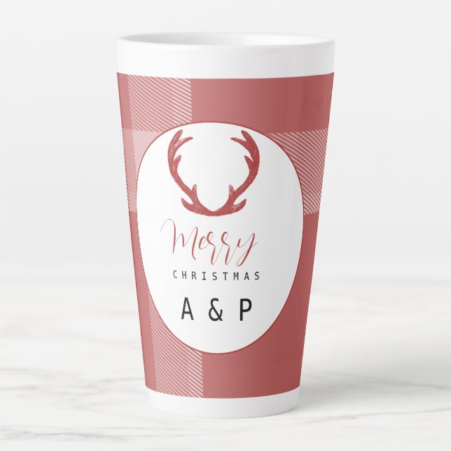 Tasse Latte Rennes à cerf tartan rouge monogramme (Devant)
