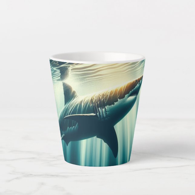 Tasse Latte Requin dans la mer bleue profonde & soleil (Devant)