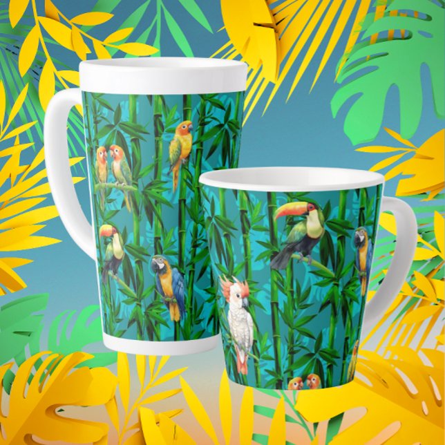 Tasse Latte Rêves de Forêt Tropicale Bambous Oiseaux (Créateur téléchargé)