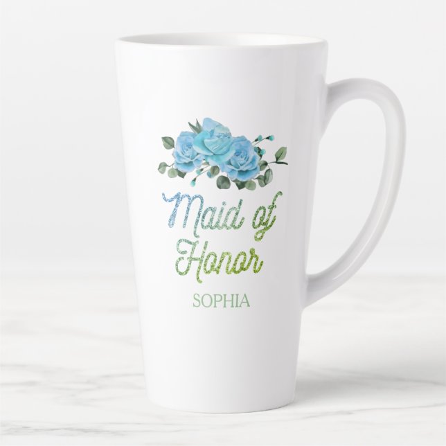 Tasse Latte Robe de mariée unique Fleurs rustiques Roses bleue (Droite)