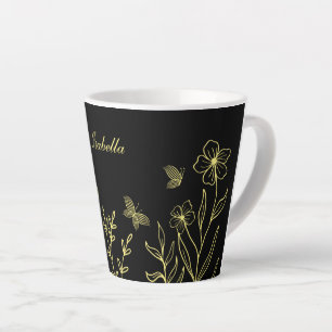 Tasse Latte Romantique élégant floral or noir 