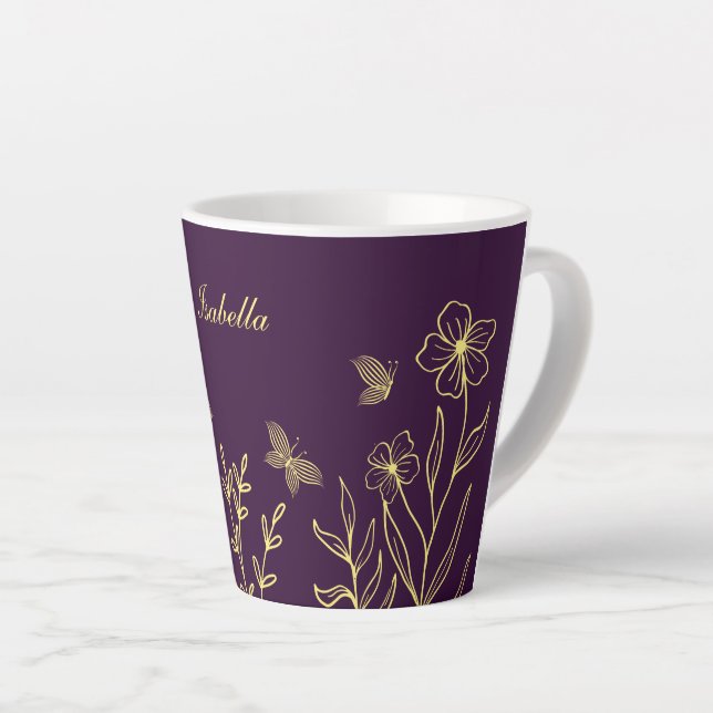 Tasse Latte Romantique élégant or fleur violet  (Angle droit)