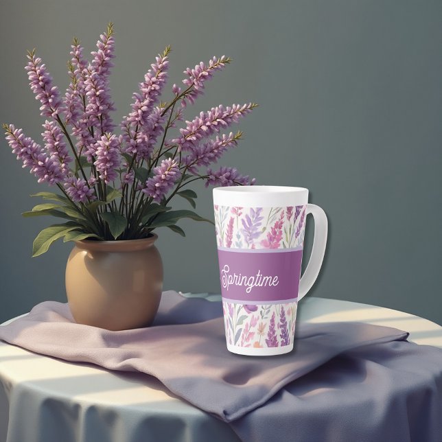 Tasse Latte Romantique lila rose pastel Botanique prés de prin (Créateur téléchargé)