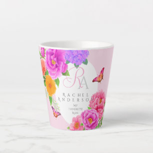 Tasse Latte Romantique Monogramme Peonies Jardin rose