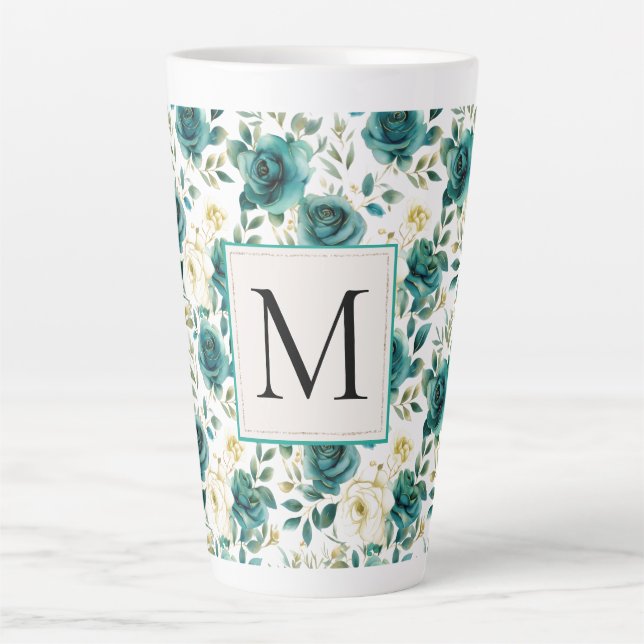 Tasse Latte Romantique Turquoise Green Creme Rose Floral Monog (Devant)