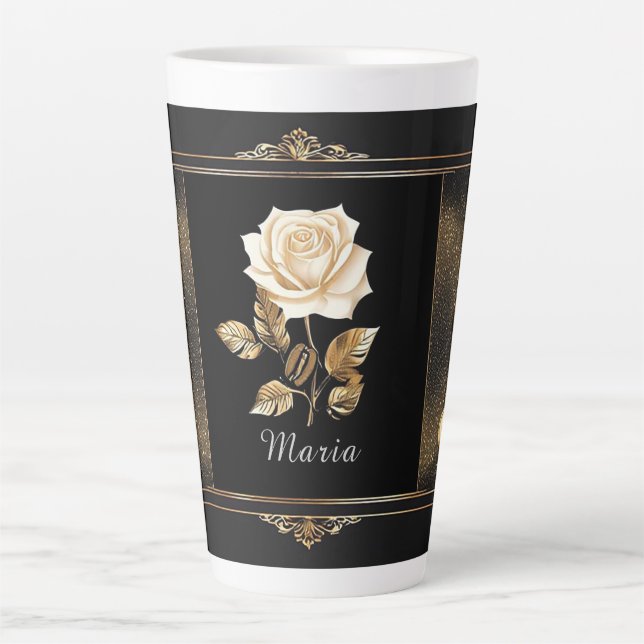 Tasse Latte Rose blanche élégante et design or (Devant)