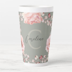 Tasse Latte Rose d'aquarelle Wreath personnalisée   Vert sage