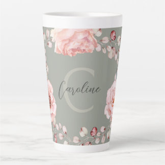 Tasse Latte Rose d'aquarelle Wreath personnalisée | Vert sage