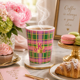 Tasse Latte Rose et vert à carreaux et monogramme élégant