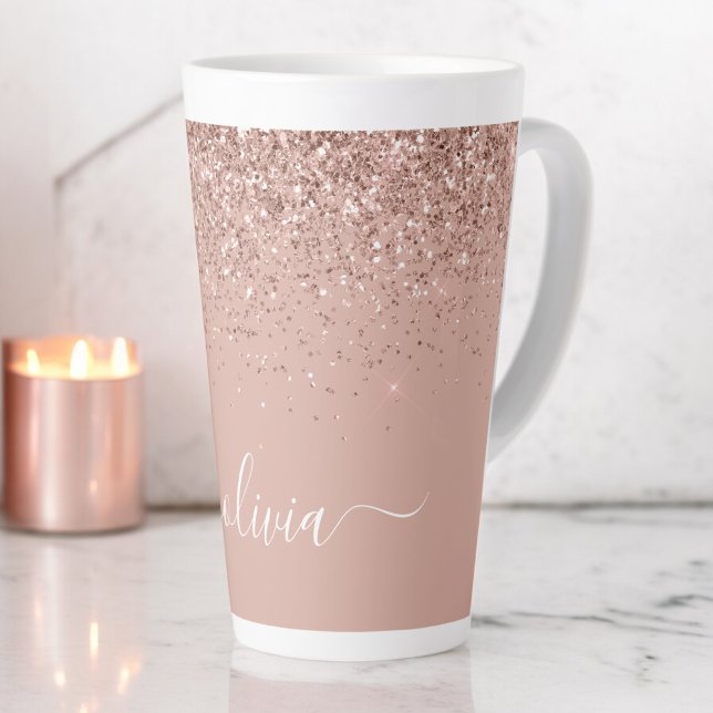 Tasse Latte Rose Gold Blush Rose Pailleté Monogramme Féminin (Créateur téléchargé)