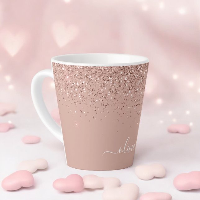 Tasse Latte Rose Gold Blush Rose Pailleté Monogramme Féminin (Créateur téléchargé)