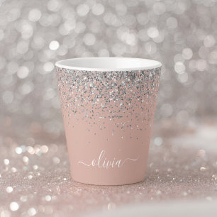 Tasse Latte Rose Gold Fard Rose Pailleté Argent Monogramme Fém