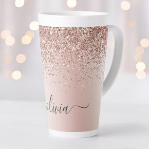 Tasse Latte Rose Gold - Pailleté Rose Blush Monogramme Personn