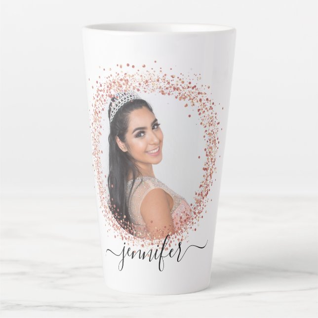 Tasse Latte Rose or blanc photo parties scintillant nom script (Devant)