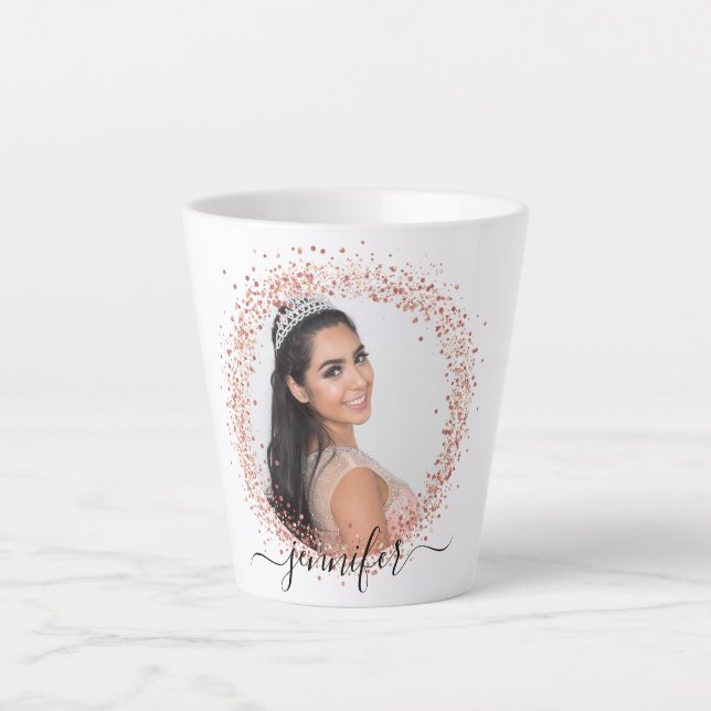 Tasse Latte Rose or blanc photo parties scintillant nom script (Devant)