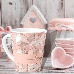 Tasse Latte Rose or cube nom de marbre glittert script