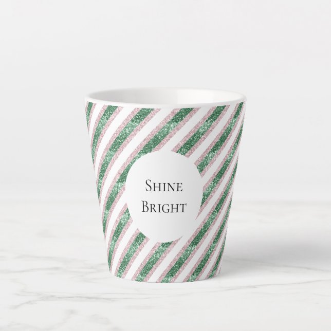 Tasse Latte Rose Pâle Vert Noël Rayures Pailletées (Devant)