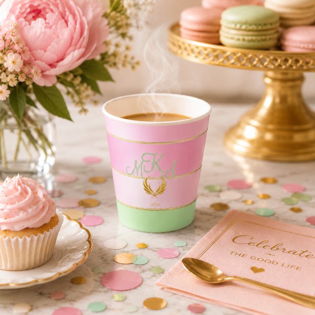 Tasse Latte Rose pastel et rayures vertes élégantes  (Posh Pastel Pink and Green Monogrammed Coffee Mug )