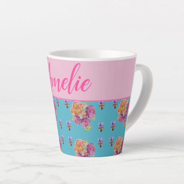 Tasse Latte Rose rouge Shabby Chic Aqua Turquoise Floral Flowe (Angle droit)