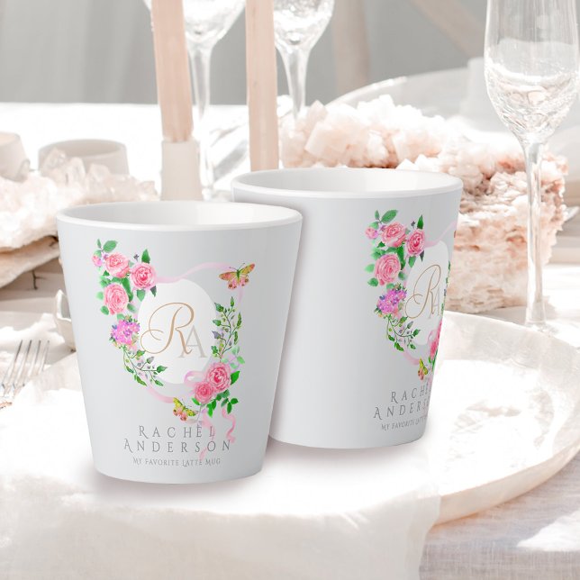 Tasse Latte Rose Ruban Chic Monogramme Latte Gris (Romantic Pink Rose Monogram Grey Latte Mug.)