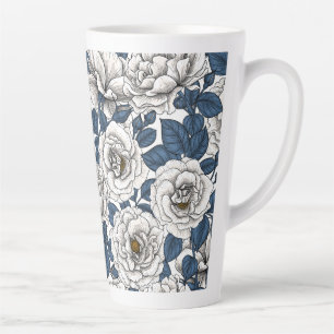 Tasse Latte Roses blanches avec feuilles bleus