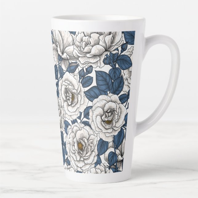 Tasse Latte Roses blanches avec feuilles bleus (Droite)
