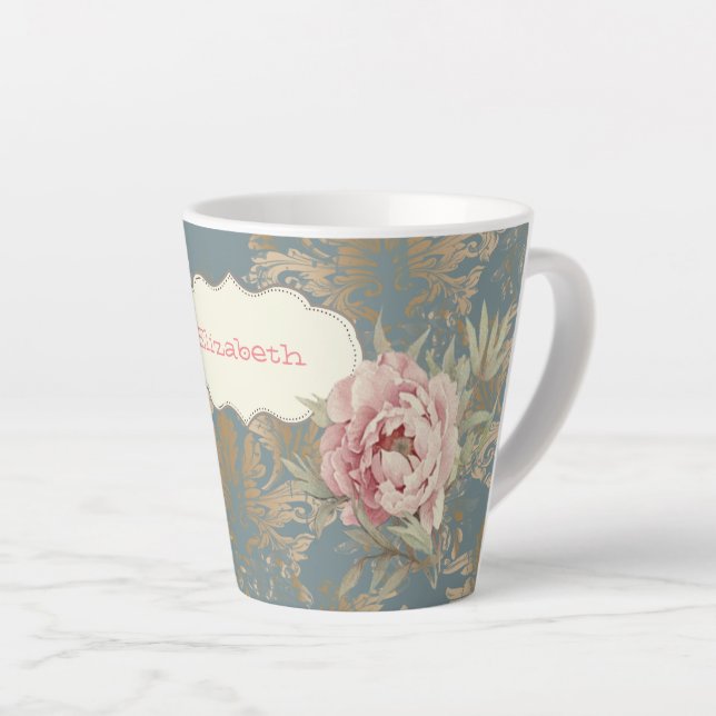Tasse Latte Roses en Damas doré Élégant Chic (Angle droit)