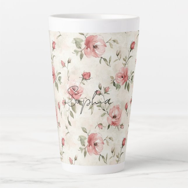 Tasse Latte Roses Fleuris Rose Pâle Ivoire   (Devant)