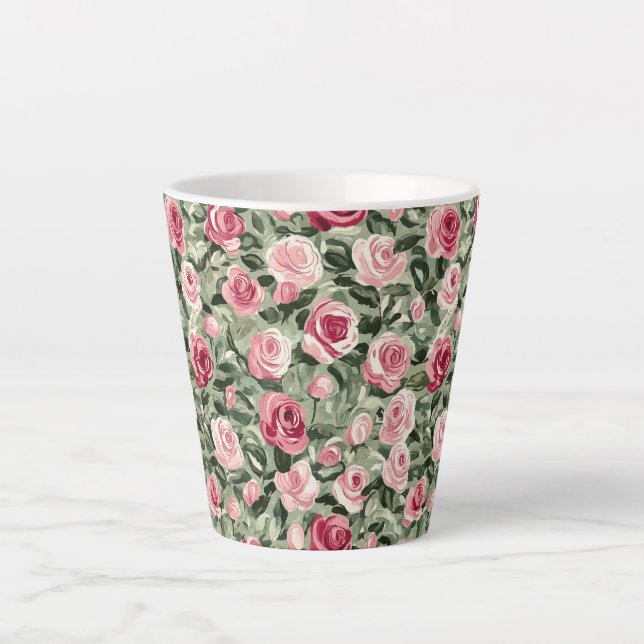 Tasse Latte Roses Florales Rose Rouge Vert  (Devant)