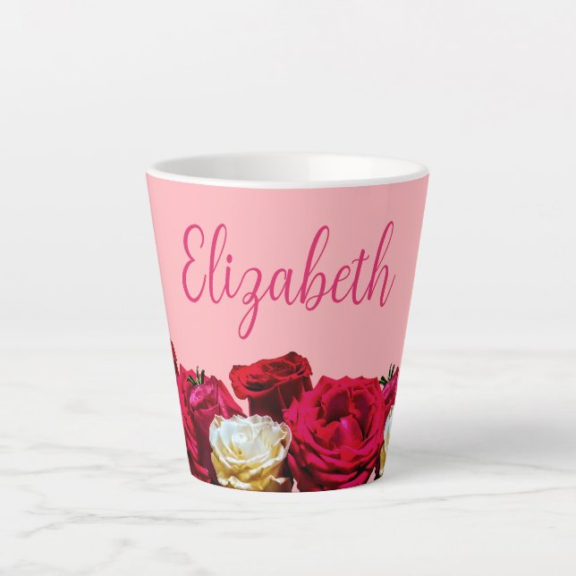 Tasse Latte Roses Foral Personnalisés sur Pink Small (Devant)