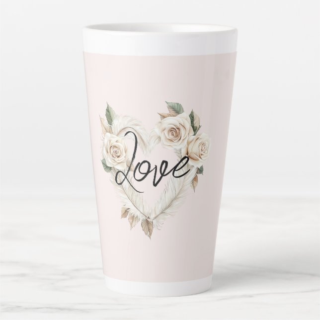 Tasse Latte Roses Roses Romantiques Plumes Cœur Amour (Devant)