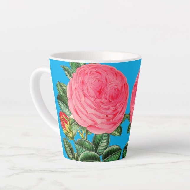 Tasse Latte Roses roses sur fond bleu aqua  (Angle gauche)