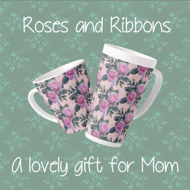 Tasse Latte Roses roses vintage rubans lavande (Latte mugs in 2 sizes)