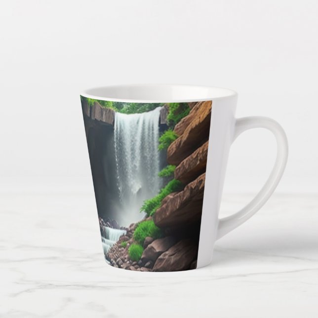 Tasse Latte Roses rouges fantaisistes devant une cascade  (Droite)