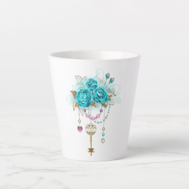 Tasse Latte Roses turquoise avec touches (Devant)