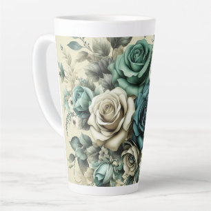 Tasse Latte Roses turquoises et blanches