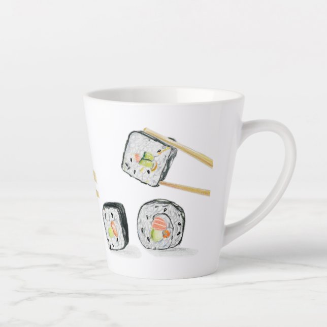 Tasse Latte Roulés de saumon sushi avec baguettes  (Droite)