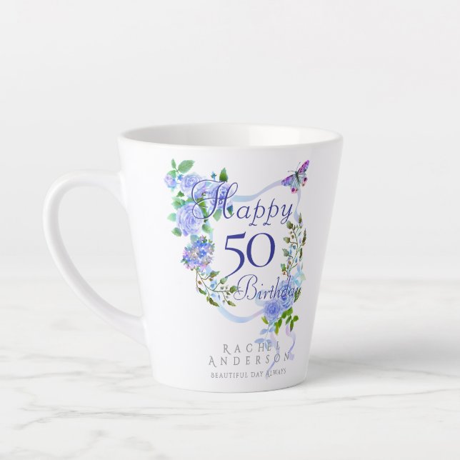 Tasse Latte Ruban de rose bleue 50e anniversaire (Gauche)